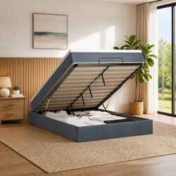 Grey Velvet Queen Ottoman Storage Bed with Mattress