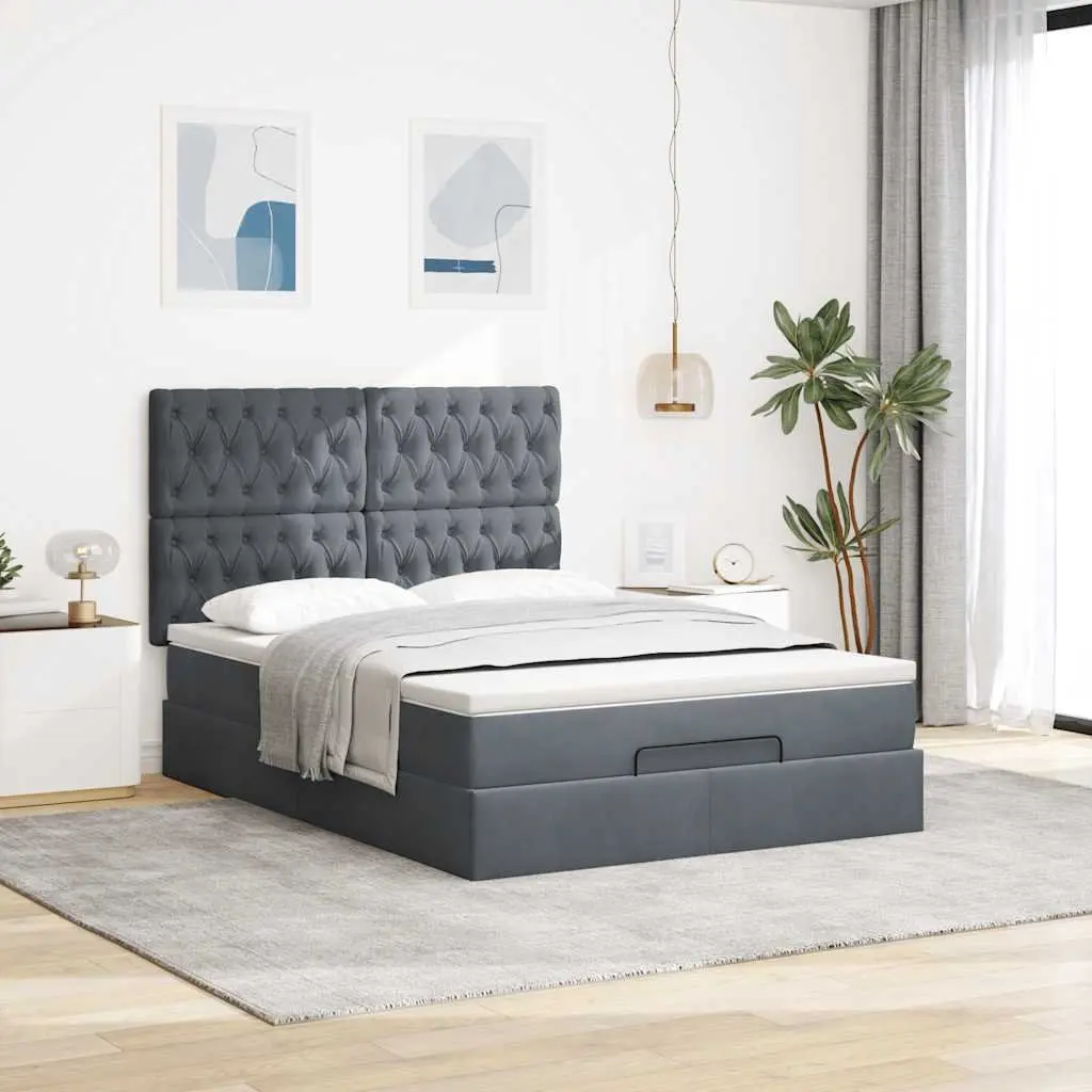 Queen Ottoman Storage Bed Grey Velvet Upholstery Pocket Spring Mattress