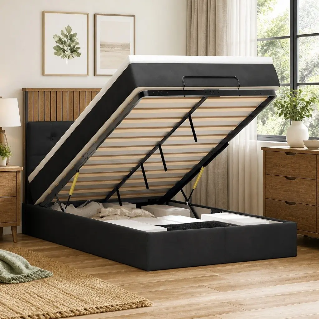 Ottoman Bed Black Velvet King Single Storage Lift-Up Frame with Pocket Spring Mattress