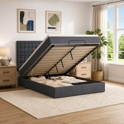 Double Grey Velvet Ottoman Bed with Mattresses