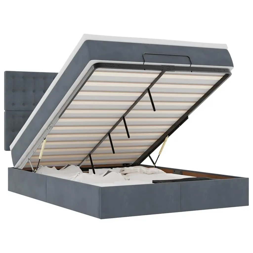 Double Ottoman Bed Grey Velvet Hydraulic Lift Storage with Pocket Spring Mattress and Removable Topper