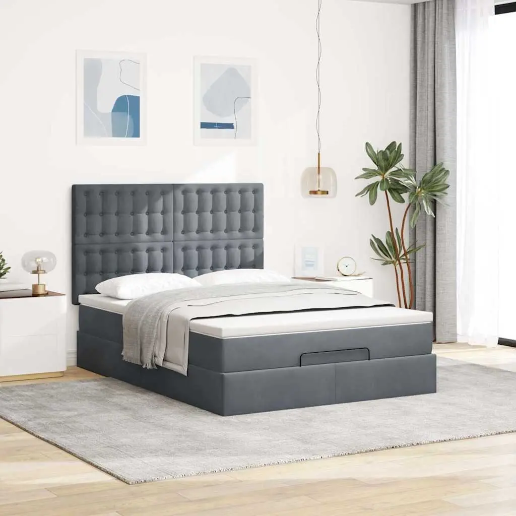 Double Ottoman Bed Grey Velvet Hydraulic Lift Storage with Pocket Spring Mattress and Removable Topper