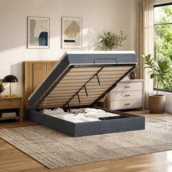 Queen Ottoman Bed with Grey Velvet and Storage Lift