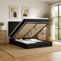 Black Velvet Ottoman Bed Queen with Pocket Spring Mattress