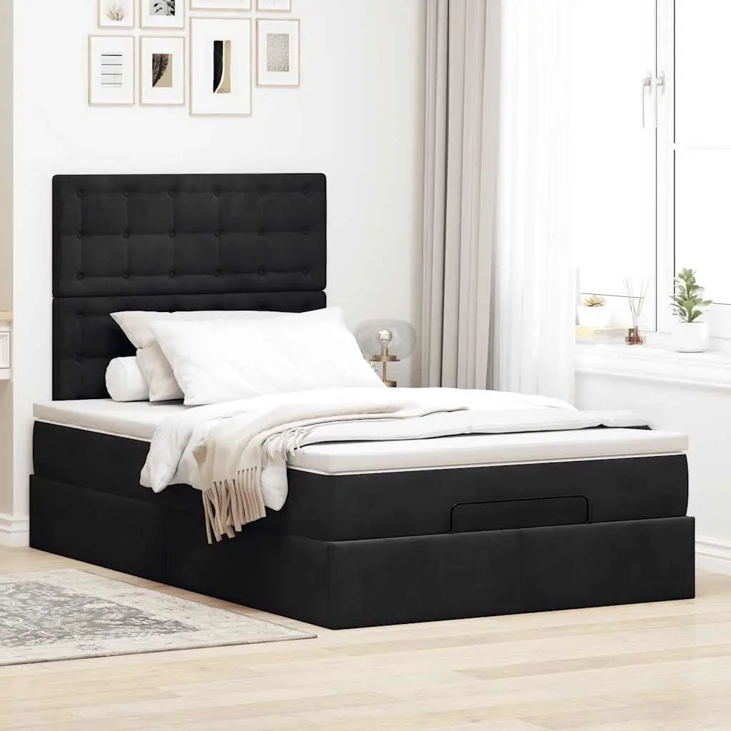 King Single Ottoman Bed with Hydraulic Lift Storage Soft Black Velvet Upholstery and Pocket Spring Mattress