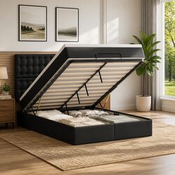 Queen Ottoman Bed in Black Faux Leather with Mattress and LED