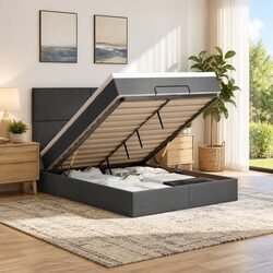 Grey Queen Ottoman Bed with Pocket Spring Mattress and LED Lights
