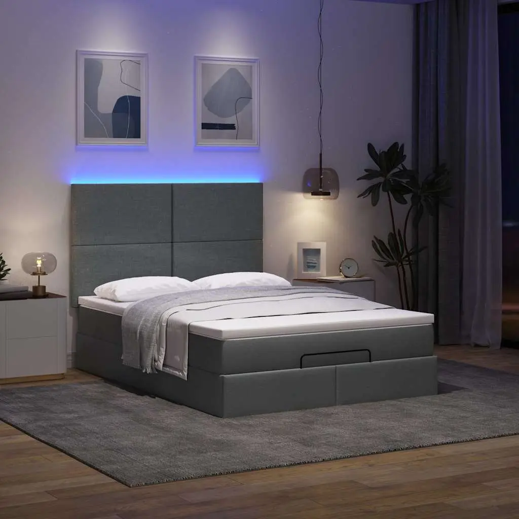 Ottoman Bed Grey Queen Fabric Pocket Spring Mattress LED Lights Storage