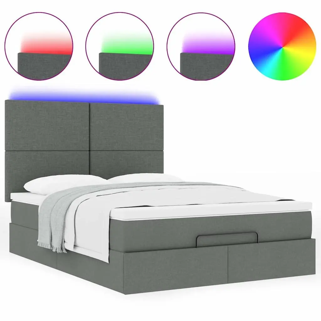 Ottoman Bed Grey Queen Fabric Pocket Spring Mattress LED Lights Storage