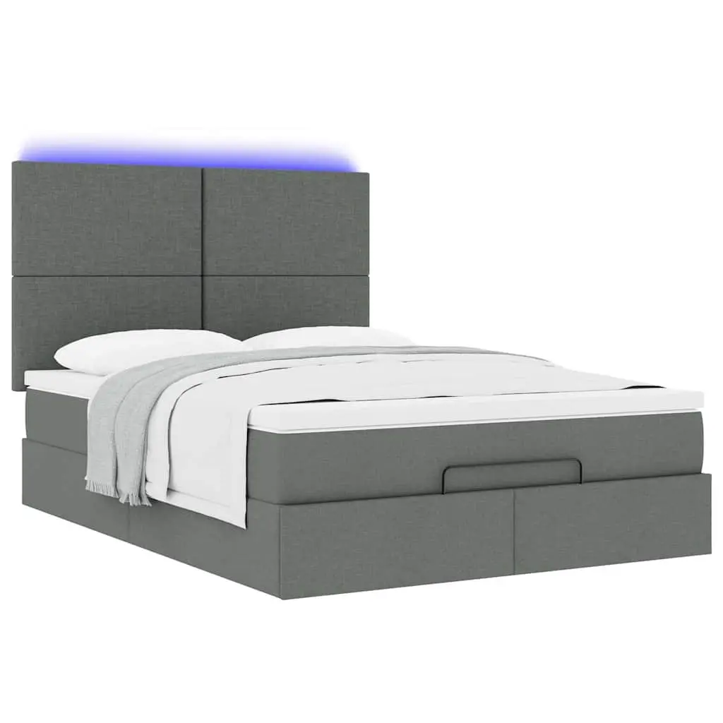 Ottoman Bed Grey Queen Fabric Pocket Spring Mattress LED Lights Storage