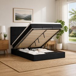 Cozy Ottoman Bed with Mattress and LED Lights in Black