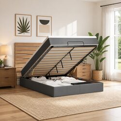 Comfortable Grey Fabric Double Ottoman Bed with Mattress