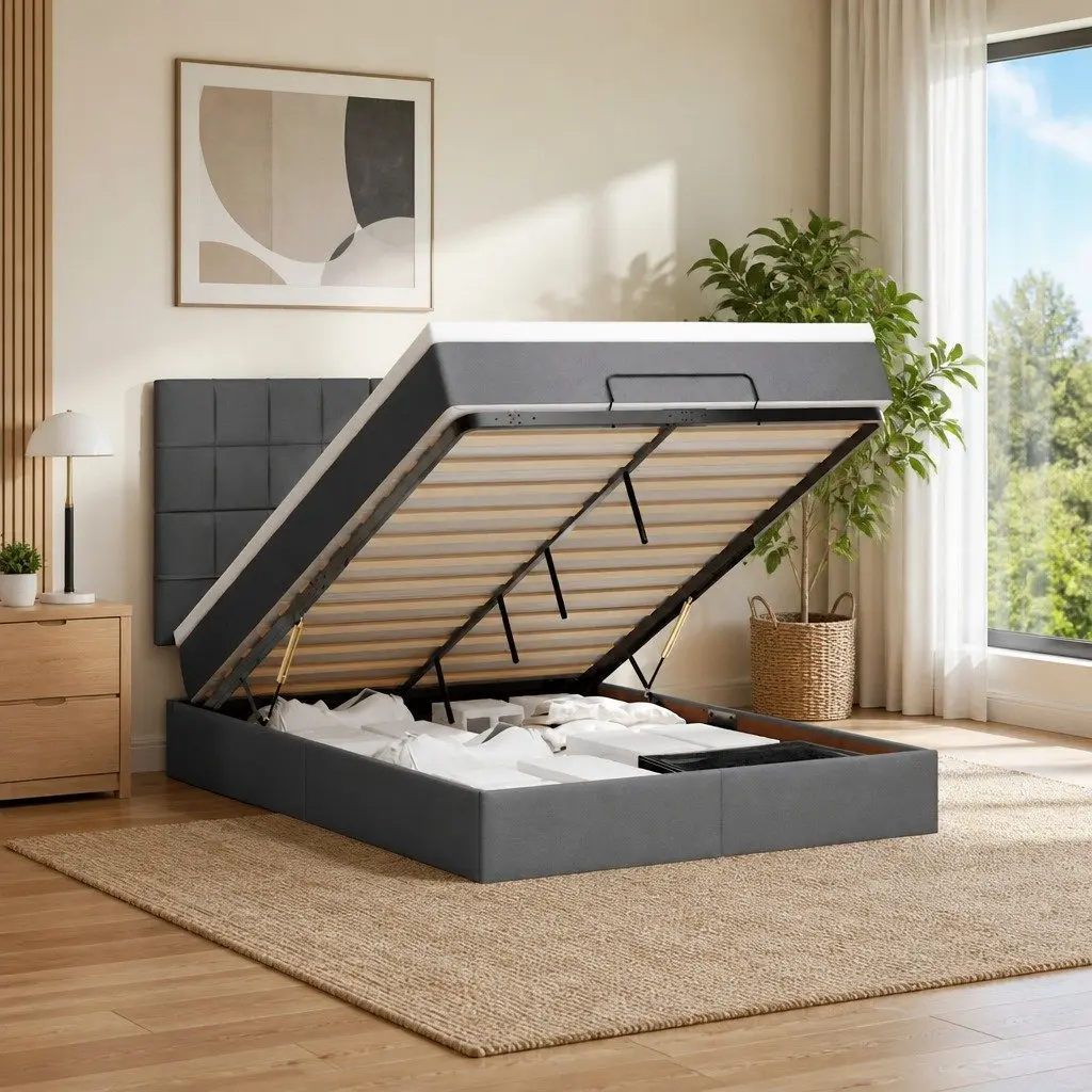 Ottoman Storage Bed Queen Grey Upholstered Fabric Frame with Pocket Spring Mattress and LED Lights