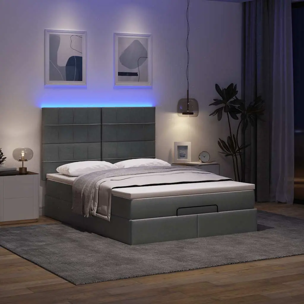 Ottoman Storage Bed Queen Grey Upholstered Fabric Frame with Pocket Spring Mattress and LED Lights
