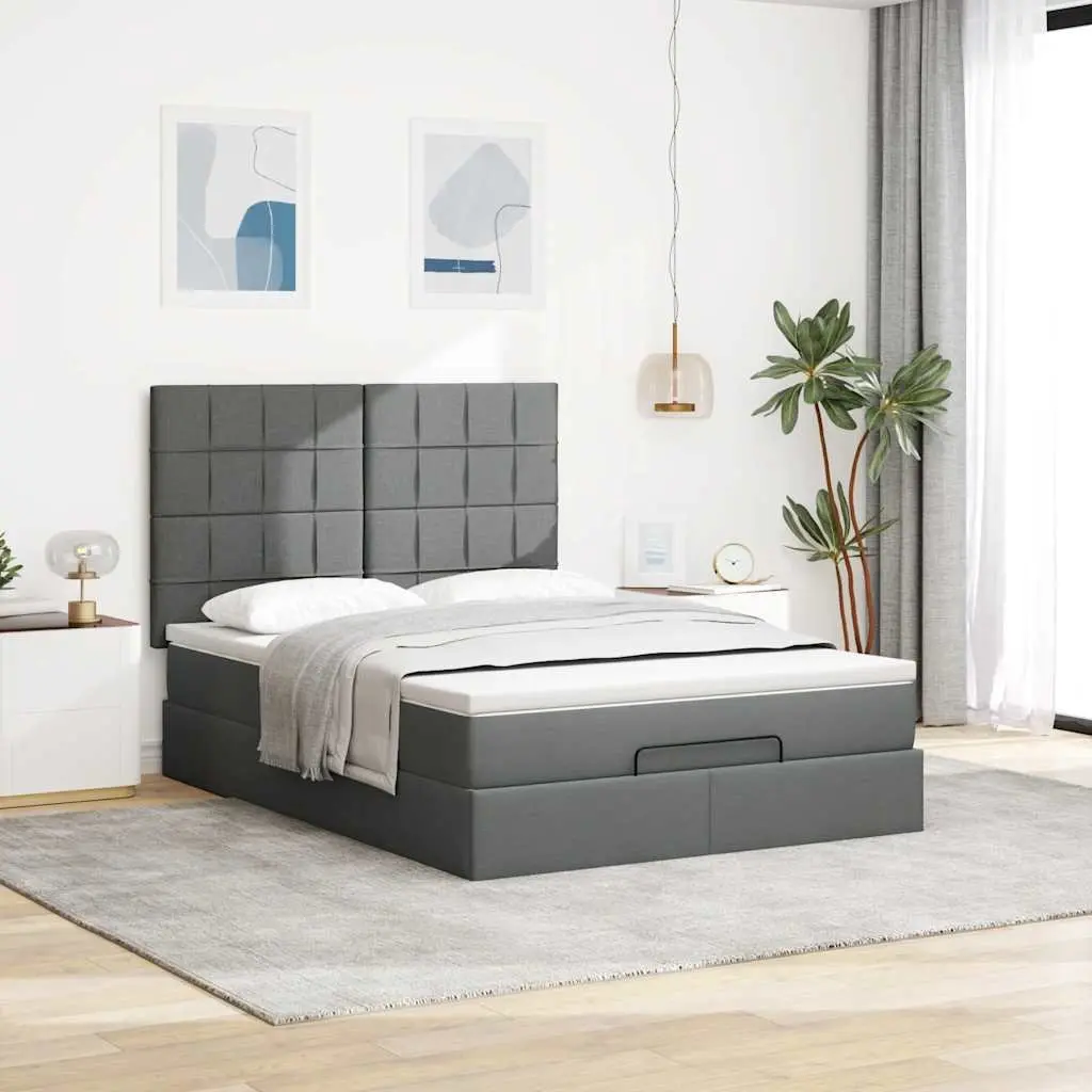 Ottoman Storage Bed Queen Grey Upholstered Fabric Frame with Pocket Spring Mattress and LED Lights
