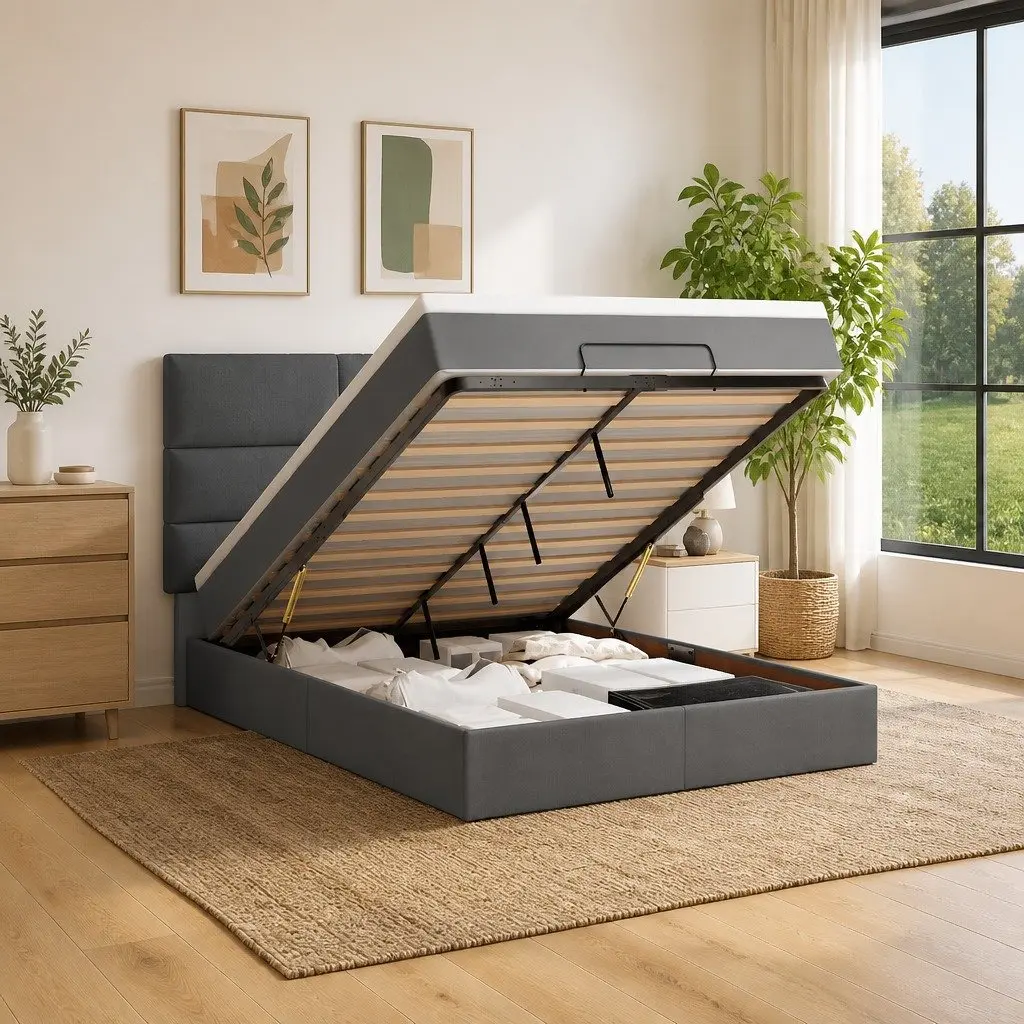 Ottoman Bed Grey Fabric Queen Size Pocket Spring Mattress with LED Lights and Hydraulic Lift Storage