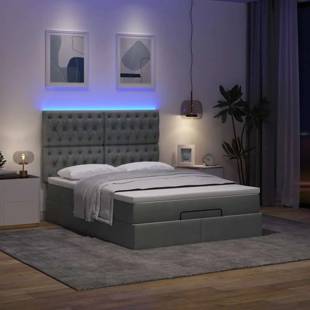 Ottoman Bed Grey Fabric Queen Size Pocket Spring Mattress with LED Lights and Hydraulic Lift Storage