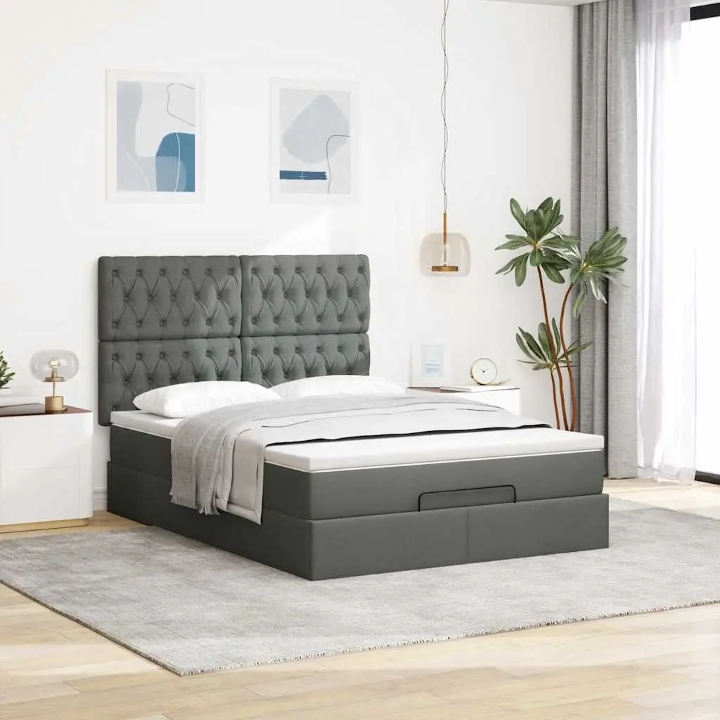 Ottoman Bed Grey Fabric Queen Size Pocket Spring Mattress with LED Lights and Hydraulic Lift Storage