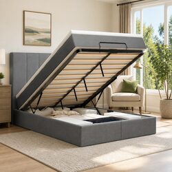 King Single Grey Fabric Ottoman Bed with Mattress and LED