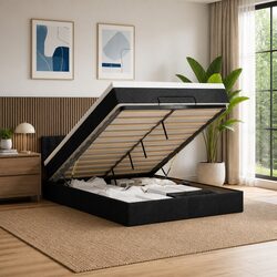 Black Fabric Ottoman Bed with Pocket Spring Mattress
