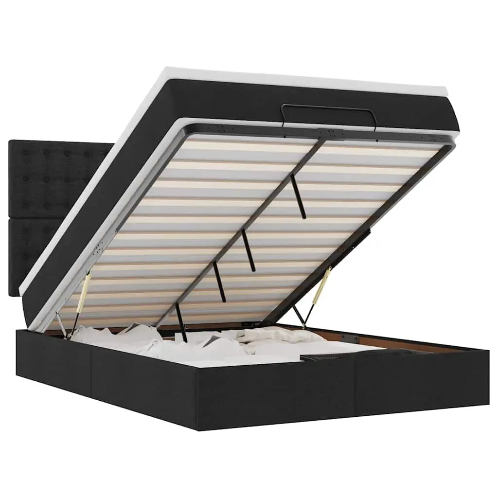 Ottoman Bed Double Black Fabric Pocket Spring Mattress LED Lights Storage