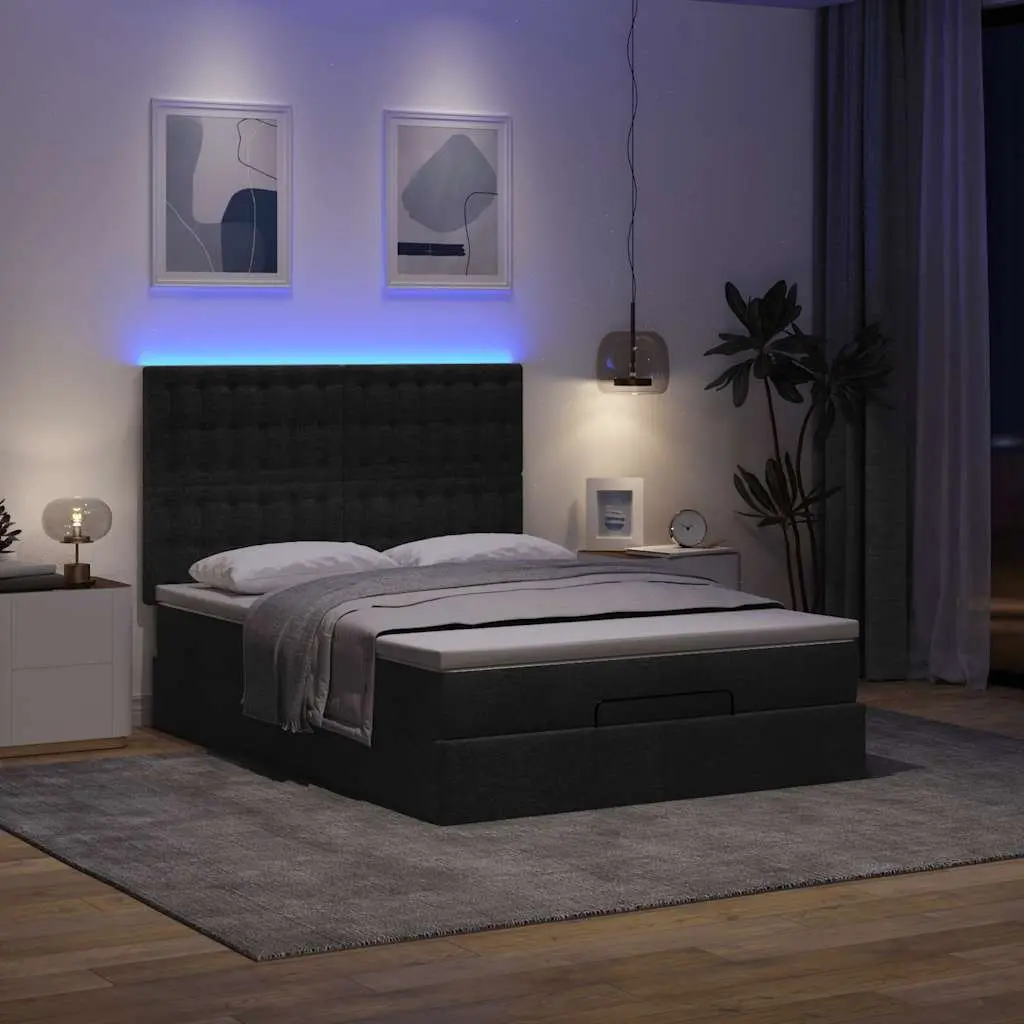 Ottoman Bed Double Black Fabric Pocket Spring Mattress LED Lights Storage