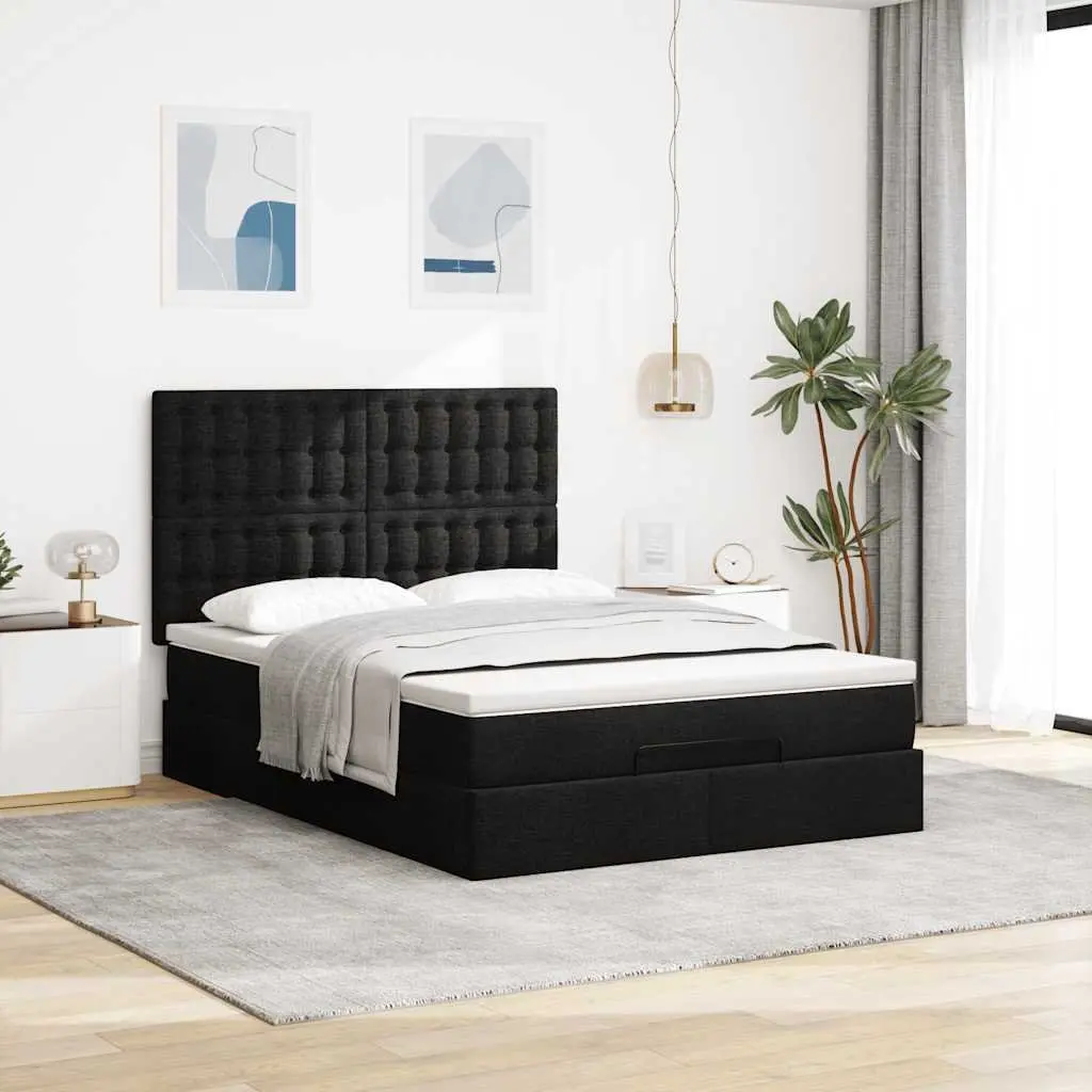 Ottoman Bed Double Black Fabric Pocket Spring Mattress LED Lights Storage