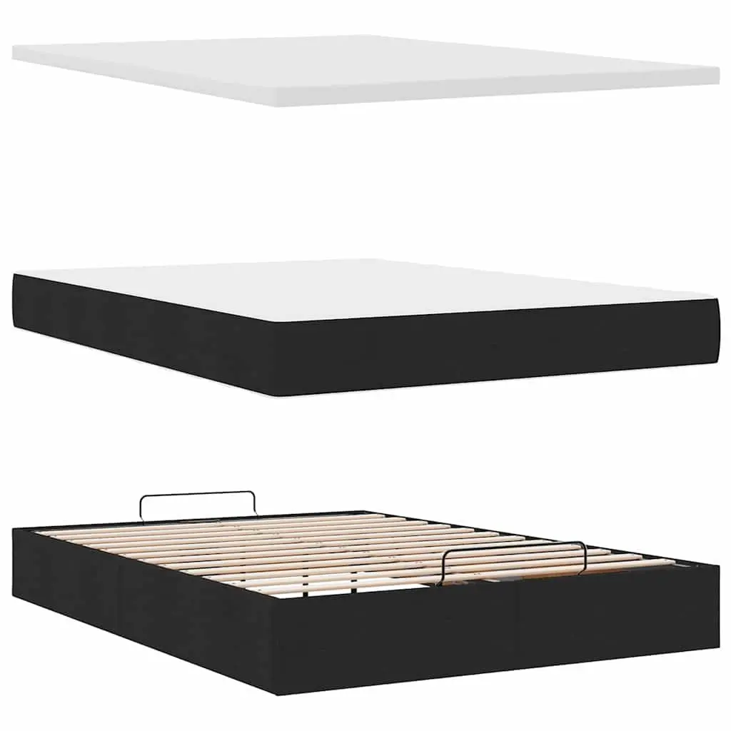 Ottoman Bed Double Black Fabric Pocket Spring Mattress LED Lights Storage