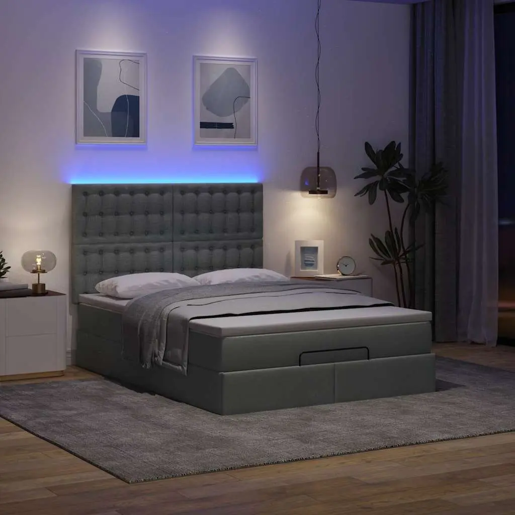 Ottoman Bed Grey Fabric Queen Pocket Spring Mattress with LED Lights
