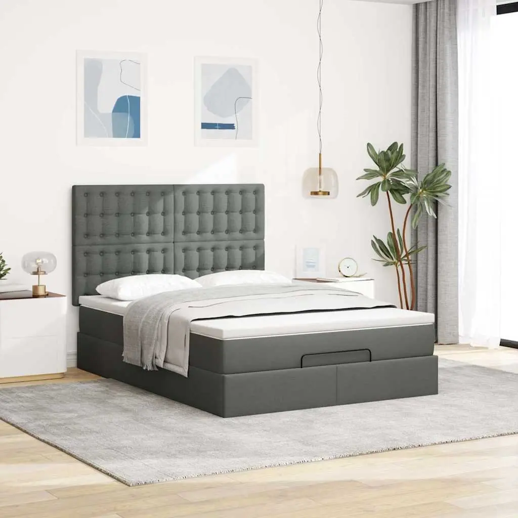 Ottoman Bed Grey Fabric Queen Pocket Spring Mattress with LED Lights