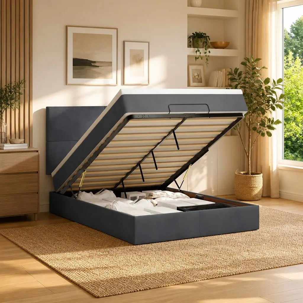 Double Ottoman Bed Grey Velvet with Pocket Spring Mattresses and LED Lights