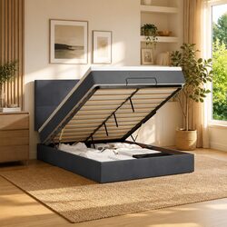 Grey Velvet Double Ottoman Bed with Storage and LED Lights