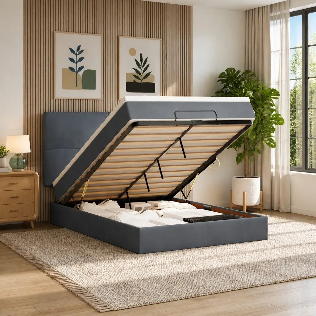Ottoman Bed Queen Velvet Grey Pocket Spring Mattress Topper Storage with LED