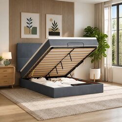 Velvet Grey Ottoman Bed with Pocket Spring Mattress and LED