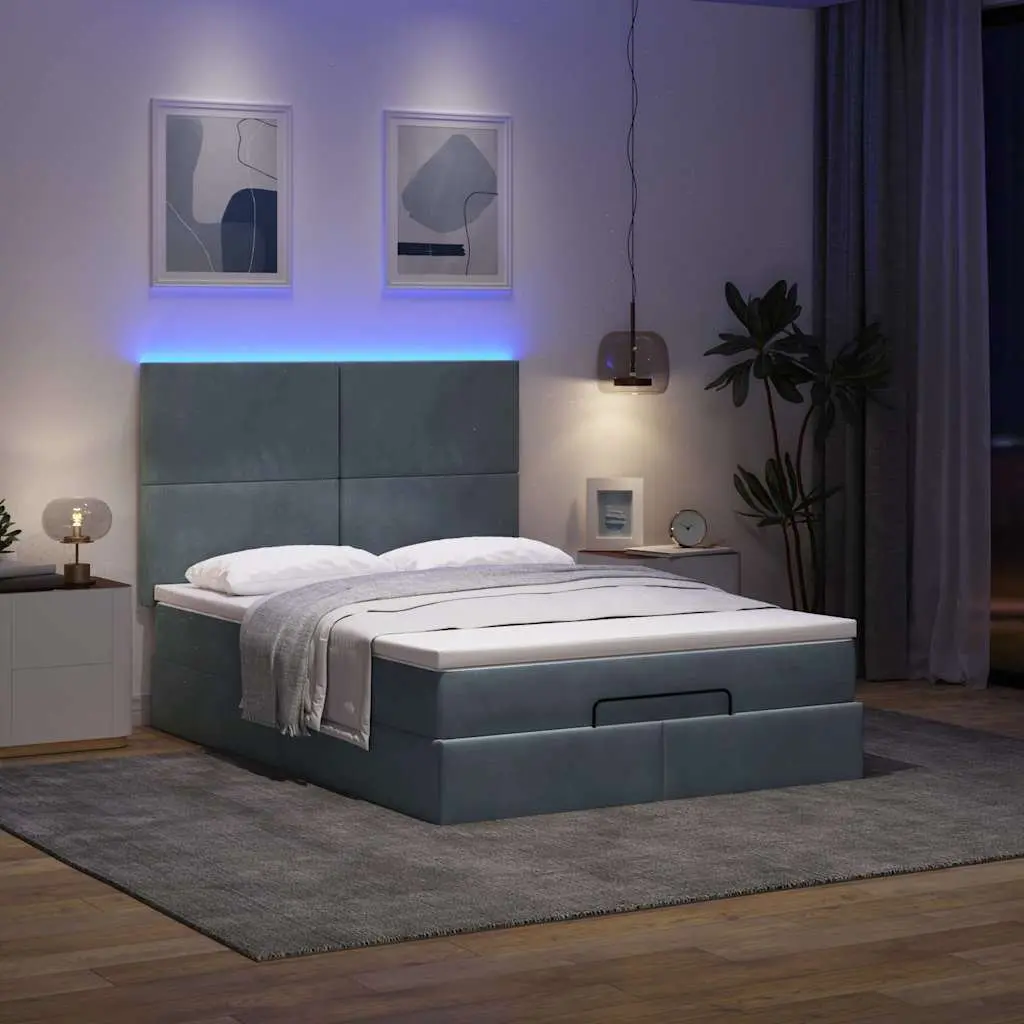 Ottoman Bed Queen Velvet Grey Pocket Spring Mattress Topper Storage with LED