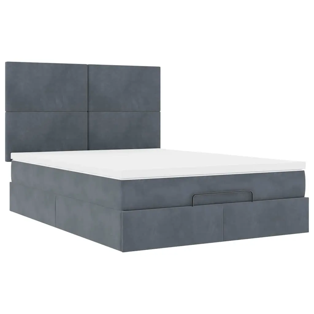 Ottoman Bed Queen Velvet Grey Pocket Spring Mattress Topper Storage with LED