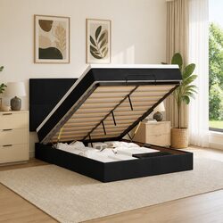 Black Velvet Queen Ottoman Bed with Mattress Topper
