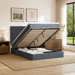 Double Grey Velvet Ottoman Bed with LED Lighting