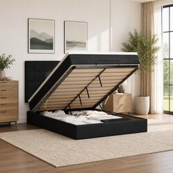 Elegant Double Ottoman Bed with LED Lights in Black Velvet