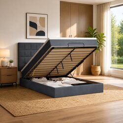 Grey Velvet Ottoman Bed with Pocket Spring Mattress