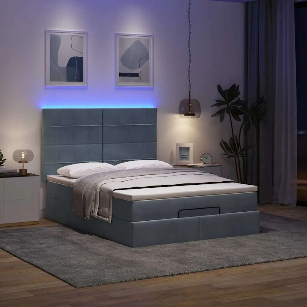 Ottoman Bed Grey Velvet Queen Pocket Spring Mattress Topper with LED Lights
