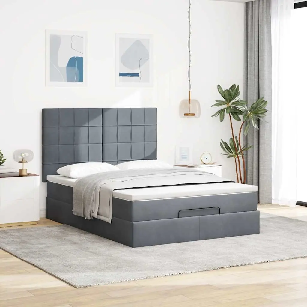 Ottoman Bed Grey Velvet Queen Pocket Spring Mattress Topper with LED Lights