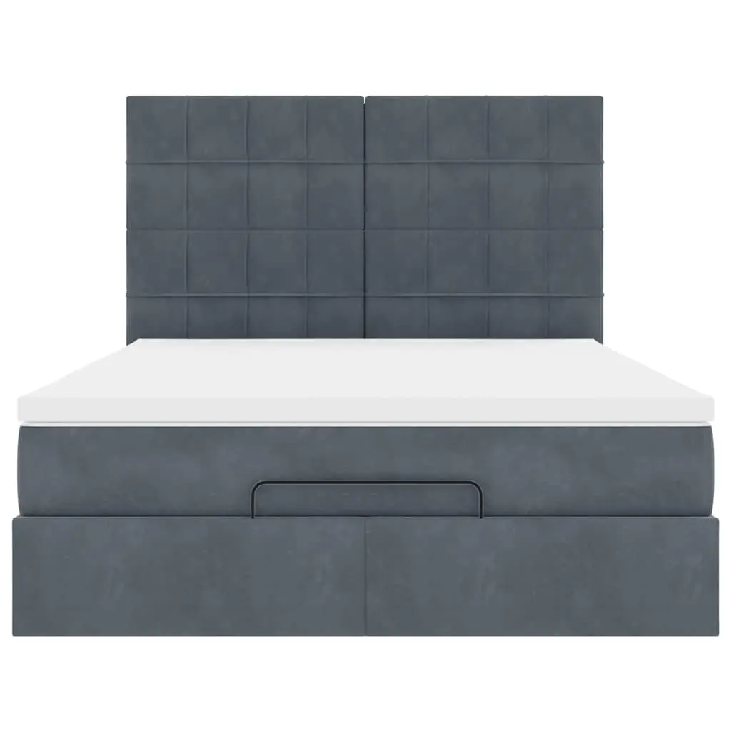 Ottoman Bed Grey Velvet Queen Pocket Spring Mattress Topper with LED Lights