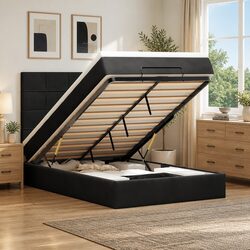 King Single Ottoman Bed with Pocket Spring Mattress in Black Velvet