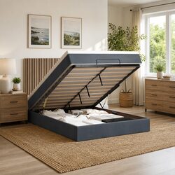 Queen Size Grey Velvet Ottoman Bed with Storage
