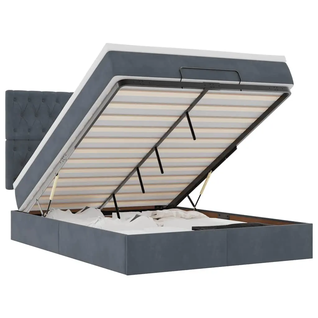 Ottoman Bed Grey Velvet Queen Size Storage with Pocket Spring Mattress Topper Adjustable LED Lights Hydraulic Lift Mechanism