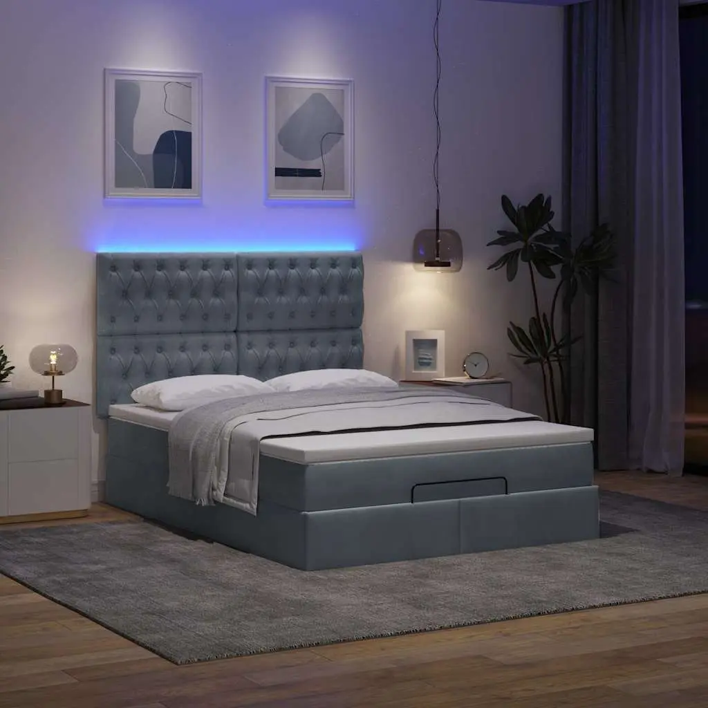 Ottoman Bed Grey Velvet Queen Size Storage with Pocket Spring Mattress Topper Adjustable LED Lights Hydraulic Lift Mechanism