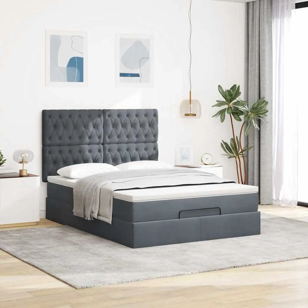 Ottoman Bed Grey Velvet Queen Size Storage with Pocket Spring Mattress Topper Adjustable LED Lights Hydraulic Lift Mechanism
