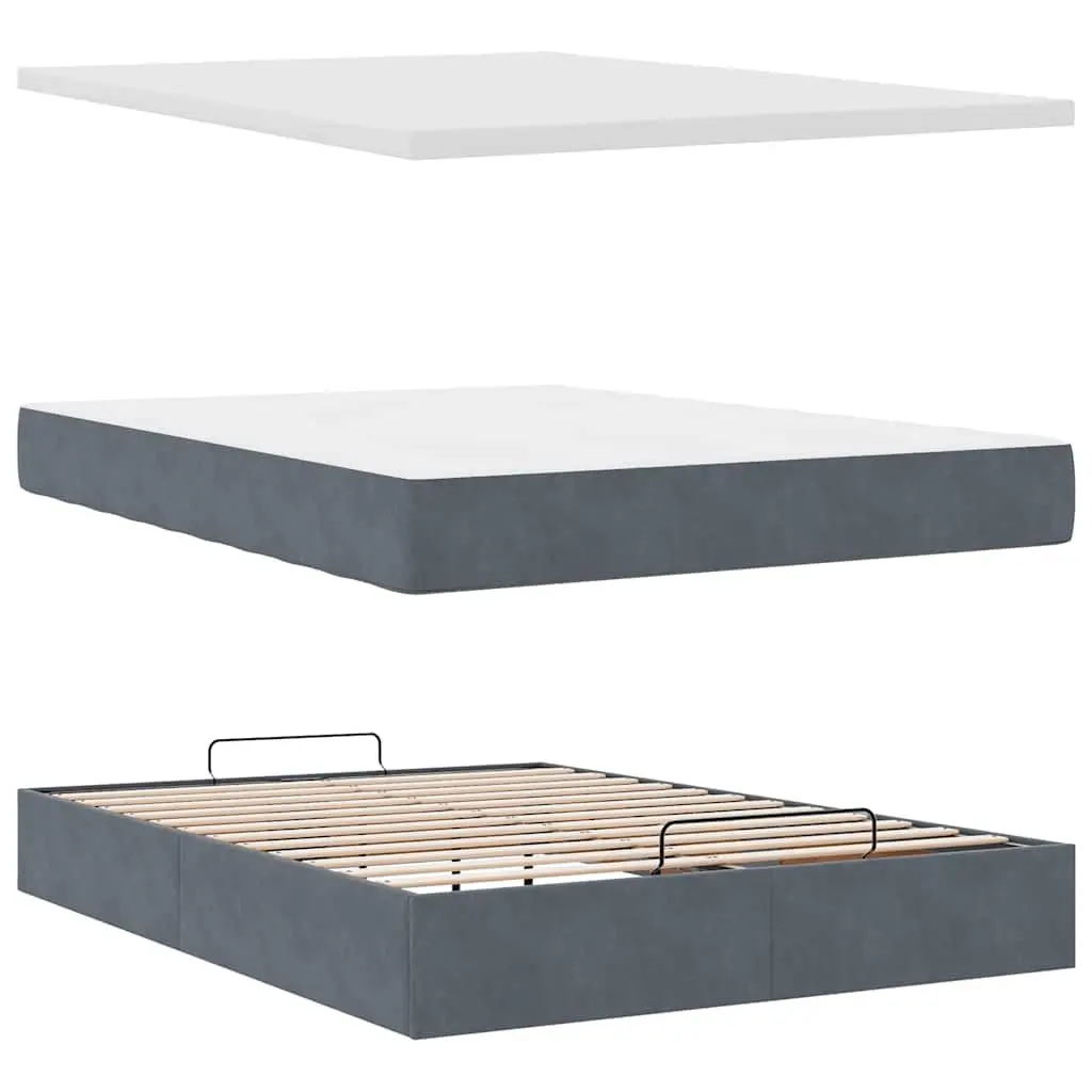 Ottoman Bed Grey Velvet Queen Size Storage with Pocket Spring Mattress Topper Adjustable LED Lights Hydraulic Lift Mechanism