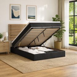 Queen Ottoman Bed with Velvet Mattress Topper and LED Lights